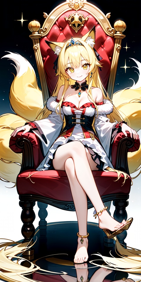  masterpiece, best quality, 1girl, fox girl, fox ears, blonde hair, long hair, yellow eyes, smile, sitting, crossed legs, holding, tiara, frilled dress, strapless, cleavage, bare shoulders, fur trim, detached sleeves, barefoot, toes, anklet, jewelry, throne, reflection,