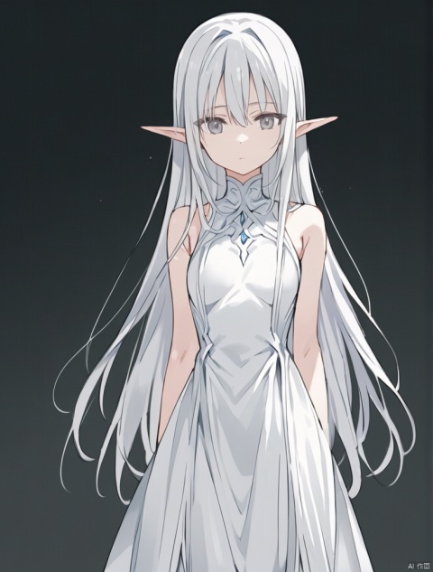 solo, (cowboy shot), standing, grey background, simple background, 
masterpiece, novel illustration, highres, A girl with white hair and long hair, wearing a white dress, standing in front of a dark background, pointed ears, long hair, dress, white dress, sleeveless, grey eyes, closed mouth, elf, 