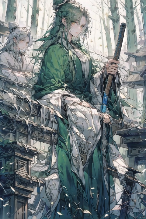 (1girl:0.6),thin,very long hair,(white hair),((green hair end)),small breasts,yellow eyes,closed mouth,green lolita,(Long handled Wooden staff),green leaf like hairpin,white silk stockings,happy,sun,sky,trees,flowers,forest,countryside,full body,masterpiece,best quality,official art,extremely detailed CG unity 8k wallpaper,backlight, FF