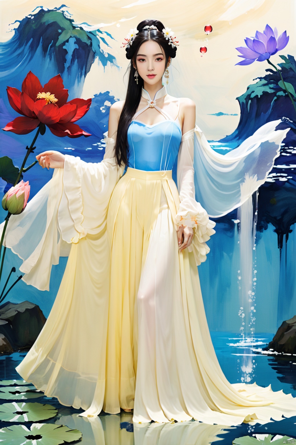 1 Girl, Laurie, petite, long hair, floating hair, messy hair, white hair, bow knot, braid, blue eyes, bright dress, floating, looking at the audience, feet soaking, goddess, water lily, lotus, ocean, partially submerged, bubbles, beach, berries, blue flowers, bouquet, foam, camellia, caustics, clover, coral, daisy, flower background, flowers, food, fruit, hibiscus, horizon, hydrangea, Water, leaves, lilies, lilies of the valley, petals on liquid, pink flowers, purple flowers, rain, red flowers, ripples, roses, shallow water, snowflakes, waves, white roses, yellow flowers, ((poakl)), Light master, glint sparkle, gonggongshi, traditional chinese ink painting, flower,flower, tyqp, shui, 1girl,short skirt,, see-through, Happy Water Park,huaxianzi, guofengZ, chineseclothes,dress, yue , hair ornament , hanfu, bailing_model,1girl, full body,japanese clothes, arien_hanfu, dancedress, See through, hanfu, xcfs, NVZ, Denim jumpsuit