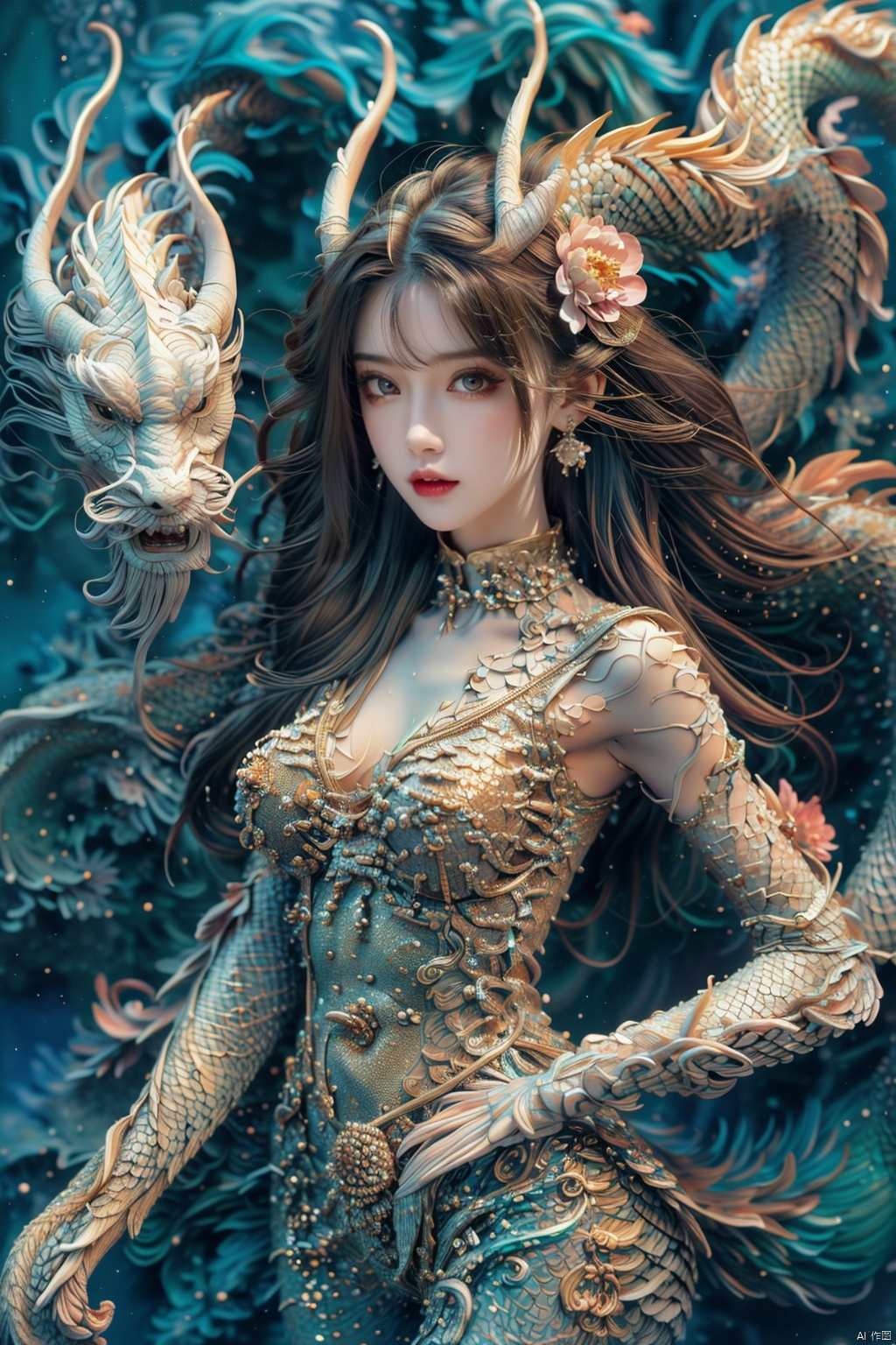 A girl with long hair, front, elegant, sexy, cool and gorgeous, a white dragon hovering over her, colorful, crystal, peony, fashionable, depth of field, semi transparent, (masterpiece, top quality, best quality, official art, beauty and aesthetics: 1.2)