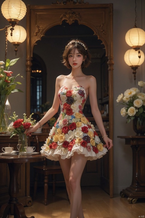 1 Girl, looking at the audience, short hair, bangs, black hair, hair accessories, black sleeveless skirt, bare shoulders, jewelry, flowers, earrings, nail polish, bracelets, makeup, cups, standing against a chair, printed background, table, red nails, tea cups, lanterns, red lips, lights, teapots, vases, lifelike, high-definition picture quality, soft light.
