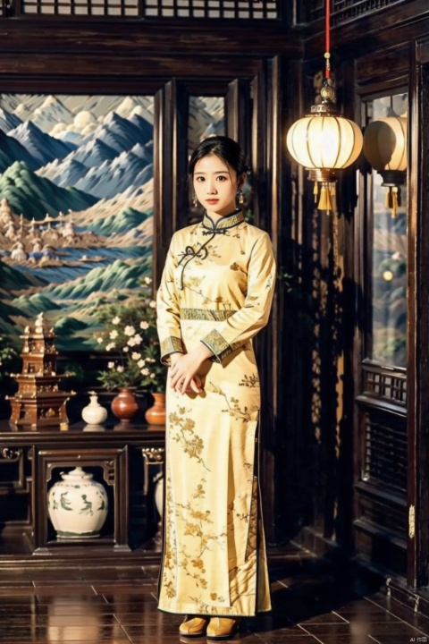 (Global lighting, realism, ray tracing, HDR, rendering, reasonable design, high detail, masterpiece, best quality, ultra-high definition, movie lighting), 1 girl, looking at the audience, Chinese long dress (qipao), qipao pattern is Van Gogh's starry sky, headwear, necklace, earrings, crystals, jewelry, playful posture, smile, plump body, slender legs, young girl's body proportion, depth of field, blurred background, Chinese architectural interior (local), Chinese style, (high quality), best quality, (masterpiece), blurry background, rich colors, fine details, surrealism, 50mm lens, relaxed atmosphere. Portrait photography, 35mm film, naturally blurry, Ancient China_Indoor scenes, ((poakl)), , fangao