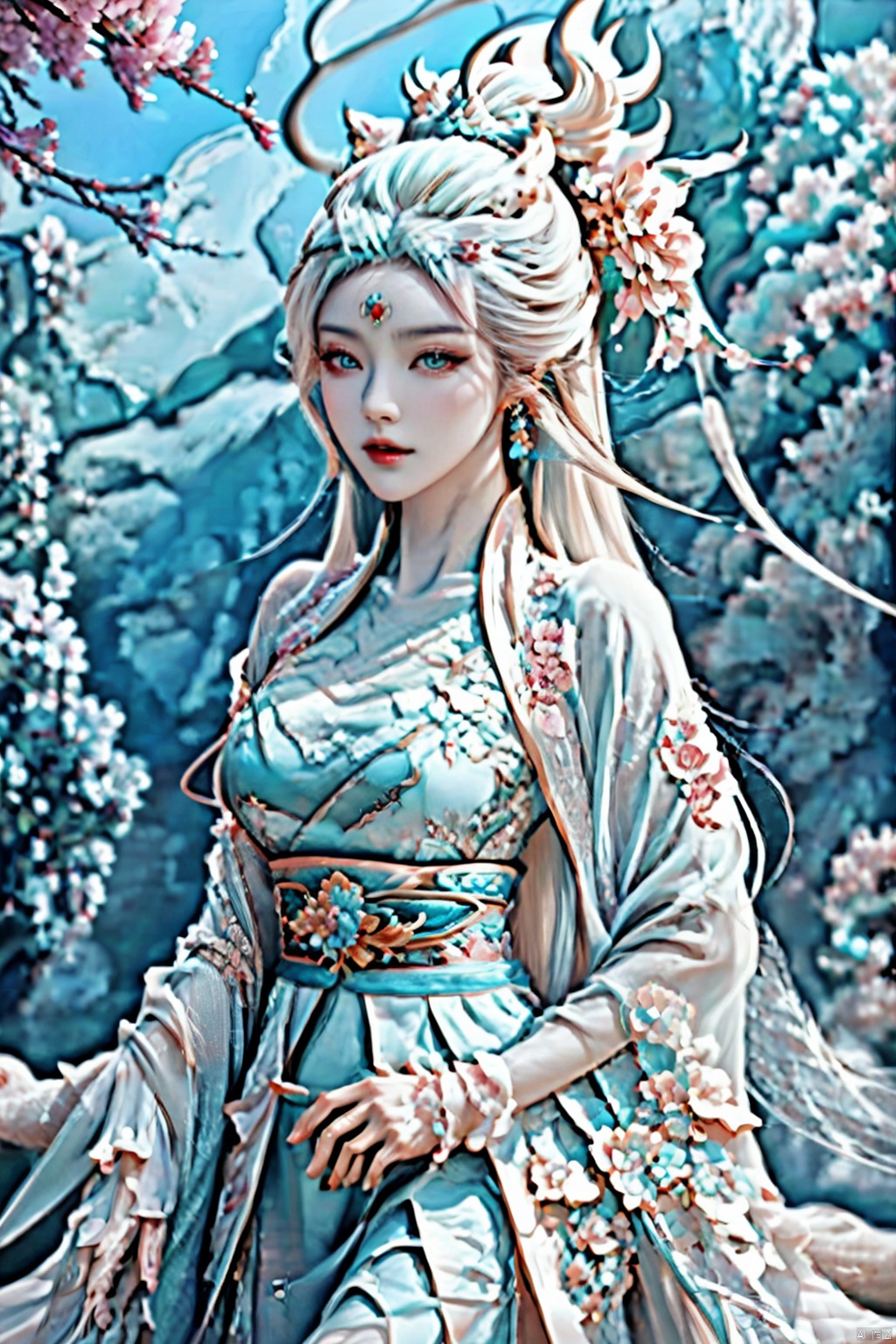 A girl with long hair, front, elegant, sexy, cool and gorgeous, a white dragon hovering over her, colorful, crystal, peony, fashionable, depth of field, semi transparent, (masterpiece, top quality, best quality, official art, beauty and aesthetics: 1.2)