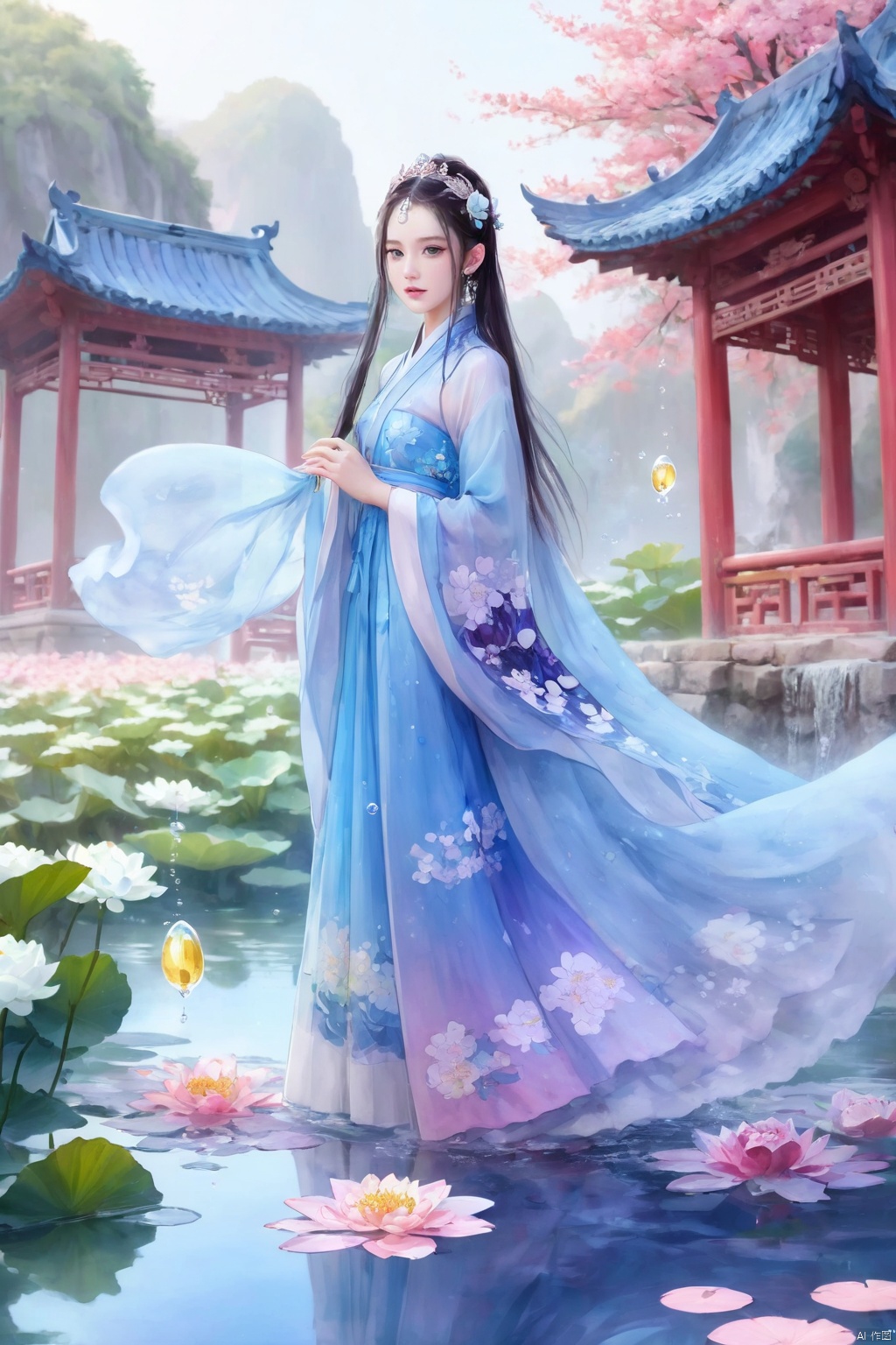 1 Girl, Laurie, petite, long hair, floating hair, messy hair, white hair, bow knot, braid, blue eyes, bright dress, floating, looking at the audience, feet soaking, goddess, water lily, lotus, ocean, partially submerged, bubbles, beach, berries, blue flowers, bouquet, foam, camellia, caustics, clover, coral, daisy, flower background, flowers, food, fruit, hibiscus, horizon, hydrangea, Water, leaves, lilies, lilies of the valley, petals on liquid, pink flowers, purple flowers, rain, red flowers, ripples, roses, shallow water, snowflakes, waves, white roses, yellow flowers, ((poakl)), Light master, glint sparkle, gonggongshi, traditional chinese ink painting, flower,flower, tyqp, shui, 1girl,short skirt,, see-through, Happy Water Park,huaxianzi, guofengZ, chineseclothes,dress, yue , hair ornament , hanfu, bailing_model,1girl, full body,japanese clothes, arien_hanfu, dancedress, See through, hanfu, xcfs, NVZ, Denim jumpsuit, (lolita)