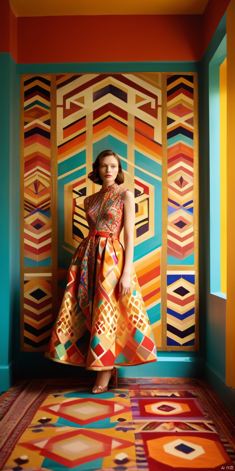  1girl, dofas,A young girl stood indoors, dressed in bright and colorful clothes, holding a bouquet of bright flowers, all over her body. The walls are decorated with abstract geometric patterns, and the floor is covered with colorful carpets. The sunlight shines in through the window, bringing warmth and vitality to the entire room. High resolution images, popular on Pinterest, vibrant colors, bold patterns, mid century modern style, Memphis design, influence of popular art, cheerful atmosphere, soft colors, close-up shots, professional photography, red and gold clothes, bailing_model