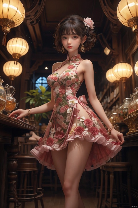1 Girl, looking at the audience, short hair, bangs, black hair, hair accessories, black sleeveless skirt, bare shoulders, jewelry, flowers, earrings, nail polish, bracelets, makeup, cups, standing against a chair, printed background, table, red nails, tea cups, lanterns, red lips, lights, teapots, vases, lifelike, high-definition picture quality, soft light., 1girl, chang,yuzu, yue , hair ornament , hanfu, chineseclothes,dress, tyqp, jewels, underwear,panties, hand101, yifu, black corset, office lady, china dress,jewelry, jy, ycbh, white dress, 2D ConceptualDesign,sldr3ssng, yuyao, gufeng, gufengsw001, flower,flower