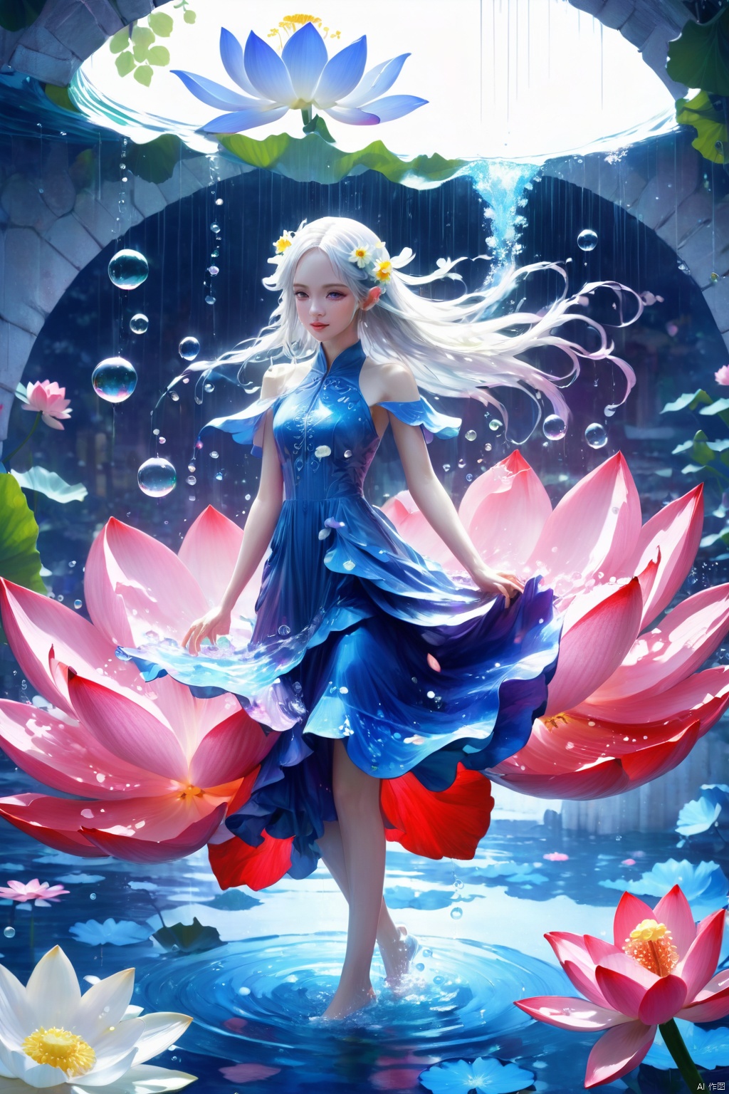 1 Girl, Laurie, petite, long hair, floating hair, messy hair, white hair, bow knot, braid, blue eyes, bright dress, floating, looking at the audience, feet soaking, goddess, water lily, lotus, ocean, partially submerged, bubbles, beach, berries, blue flowers, bouquet, foam, camellia, caustics, clover, coral, daisy, flower background, flowers, food, fruit, hibiscus, horizon, hydrangea, Water, leaves, lilies, lilies of the valley, petals on liquid, pink flowers, purple flowers, rain, red flowers, ripples, roses, shallow water, snowflakes, waves, white roses, yellow flowers, bailing_model, ((poakl)), bailong plant girl