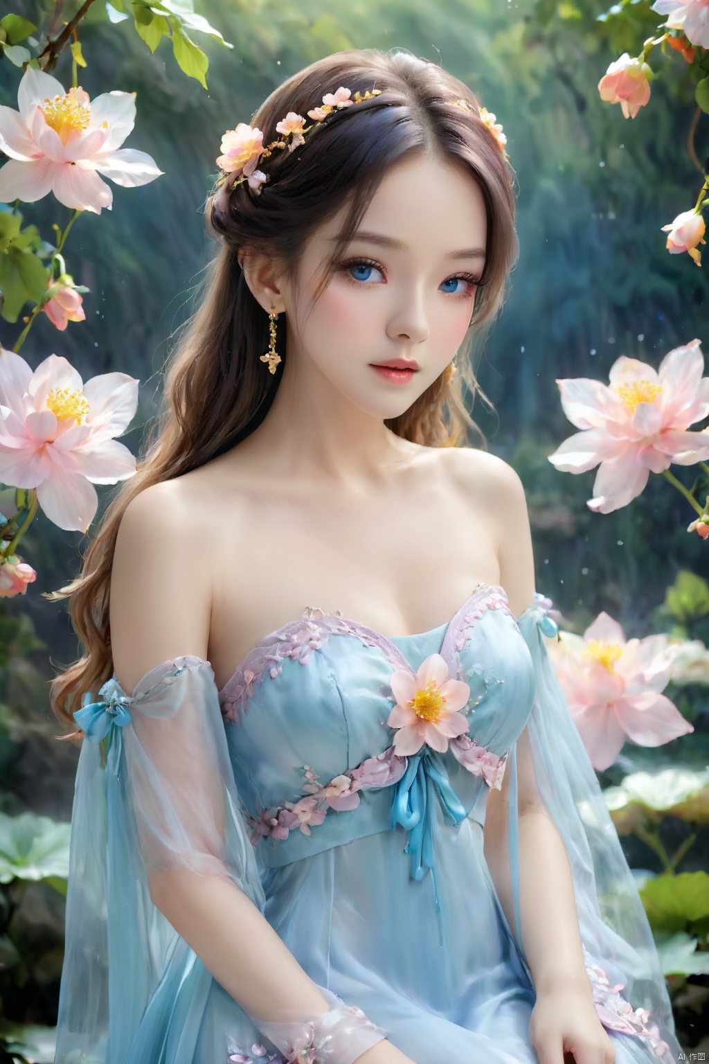 1 Girl, Laurie, petite, long hair, floating hair, messy hair, white hair, bow knot, braid, blue eyes, bright dress, floating, looking at the audience, feet soaking, goddess, water lily, lotus, ocean, partially submerged, bubbles, beach, berries, blue flowers, bouquet, foam, camellia, caustics, clover, coral, daisy, flower background, flowers, food, fruit, hibiscus, horizon, hydrangea, Water, leaves, lilies, lilies of the valley, petals on liquid, pink flowers, purple flowers, rain, red flowers, ripples, roses, shallow water, snowflakes, waves, white roses, yellow flowers, bailing_model, ((poakl)),1girl