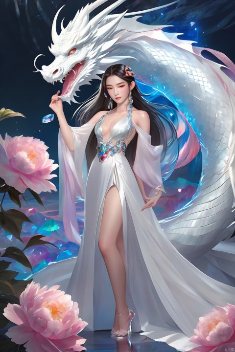 A girl with long hair, full body, front, elegant, sexy, cool and gorgeous, a white dragon hovering over her, colorful, crystal, peony, fashionable, depth of field, semi transparent, (masterpiece, top quality, best quality, official art, beauty and aesthetics: 1.2)