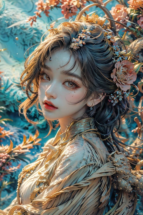 A girl with long hair, front, elegant, colorful, crystal, peony, fashionable, depth of field, semi transparent, (masterpiece, top quality, best quality, official art, beauty and aesthetics: 1.2)