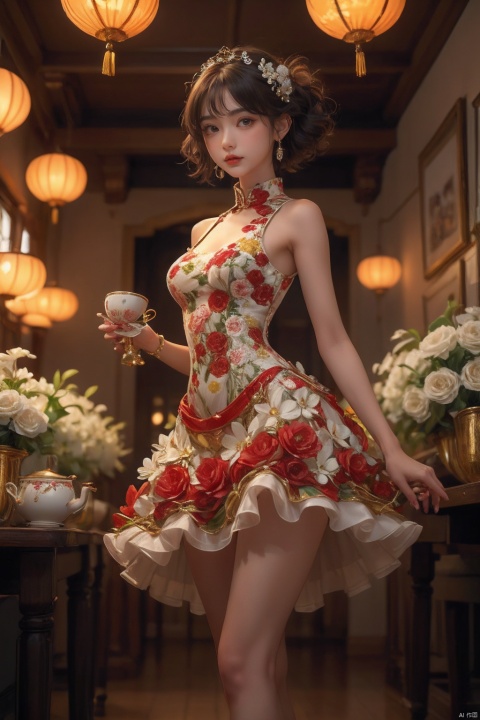 1 Girl, looking at the audience, short hair, bangs, black hair, hair accessories, black sleeveless skirt, bare shoulders, jewelry, flowers, earrings, nail polish, bracelets, makeup, cups, standing against a chair, printed background, table, red nails, tea cups, lanterns, red lips, lights, teapots, vases, lifelike, high-definition picture quality, soft light., 1girl, chang,yuzu, yue , hair ornament , hanfu, chineseclothes,dress, tyqp, jewels, underwear,panties, hand101, yifu, black corset, office lady, china dress,jewelry, jy, ycbh, white dress, 2D ConceptualDesign,sldr3ssng, yuyao, gufeng, gufengsw001, flower