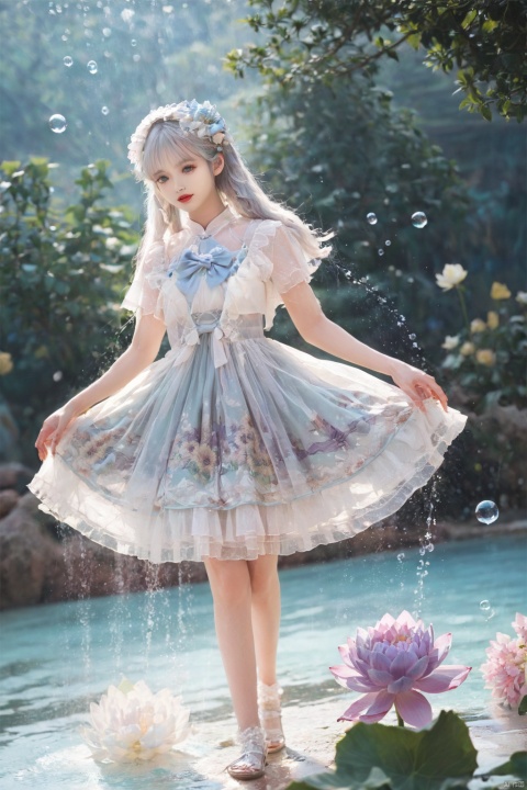 1 Girl, Laurie, petite, long hair, floating hair, messy hair, white hair, bow knot, braid, blue eyes, bright dress, floating, looking at the audience, feet soaking, goddess, water lily, lotus, ocean, partially submerged, bubbles, beach, berries, blue flowers, bouquet, foam, camellia, caustics, clover, coral, daisy, flower background, flowers, food, fruit, hibiscus, horizon, hydrangea, Water, leaves, lilies, lilies of the valley, petals on liquid, pink flowers, purple flowers, rain, red flowers, ripples, roses, shallow water, snowflakes, waves, white roses, yellow flowers, ((poakl)), Light master, glint sparkle, gonggongshi, traditional chinese ink painting, flower,flower, tyqp, shui, 1girl,short skirt,, see-through, Happy Water Park,huaxianzi, guofengZ, chineseclothes,dress, yue , hair ornament , hanfu, bailing_model,1girl, full body,japanese clothes, arien_hanfu, dancedress, See through, hanfu, xcfs, NVZ, Denim jumpsuit, (lolita)