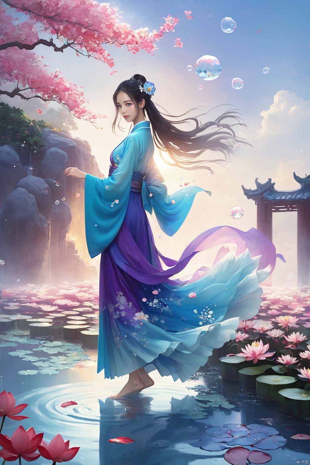 1 Girl, Laurie, petite, long hair, floating hair, messy hair, white hair, bow knot, braid, blue eyes, bright dress, floating, looking at the audience, feet soaking, goddess, water lily, lotus, ocean, partially submerged, bubbles, beach, berries, blue flowers, bouquet, foam, camellia, caustics, clover, coral, daisy, flower background, flowers, food, fruit, hibiscus, horizon, hydrangea, Water, leaves, lilies, lilies of the valley, petals on liquid, pink flowers, purple flowers, rain, red flowers, ripples, roses, shallow water, snowflakes, waves, white roses, yellow flowers, ((poakl)), Light master, glint sparkle, gonggongshi, traditional chinese ink painting, flower,flower, tyqp, shui, 1girl,short skirt,, see-through, Happy Water Park,huaxianzi, guofengZ, chineseclothes,dress, yue , hair ornament , hanfu, bailing_model,1girl, full body,japanese clothes