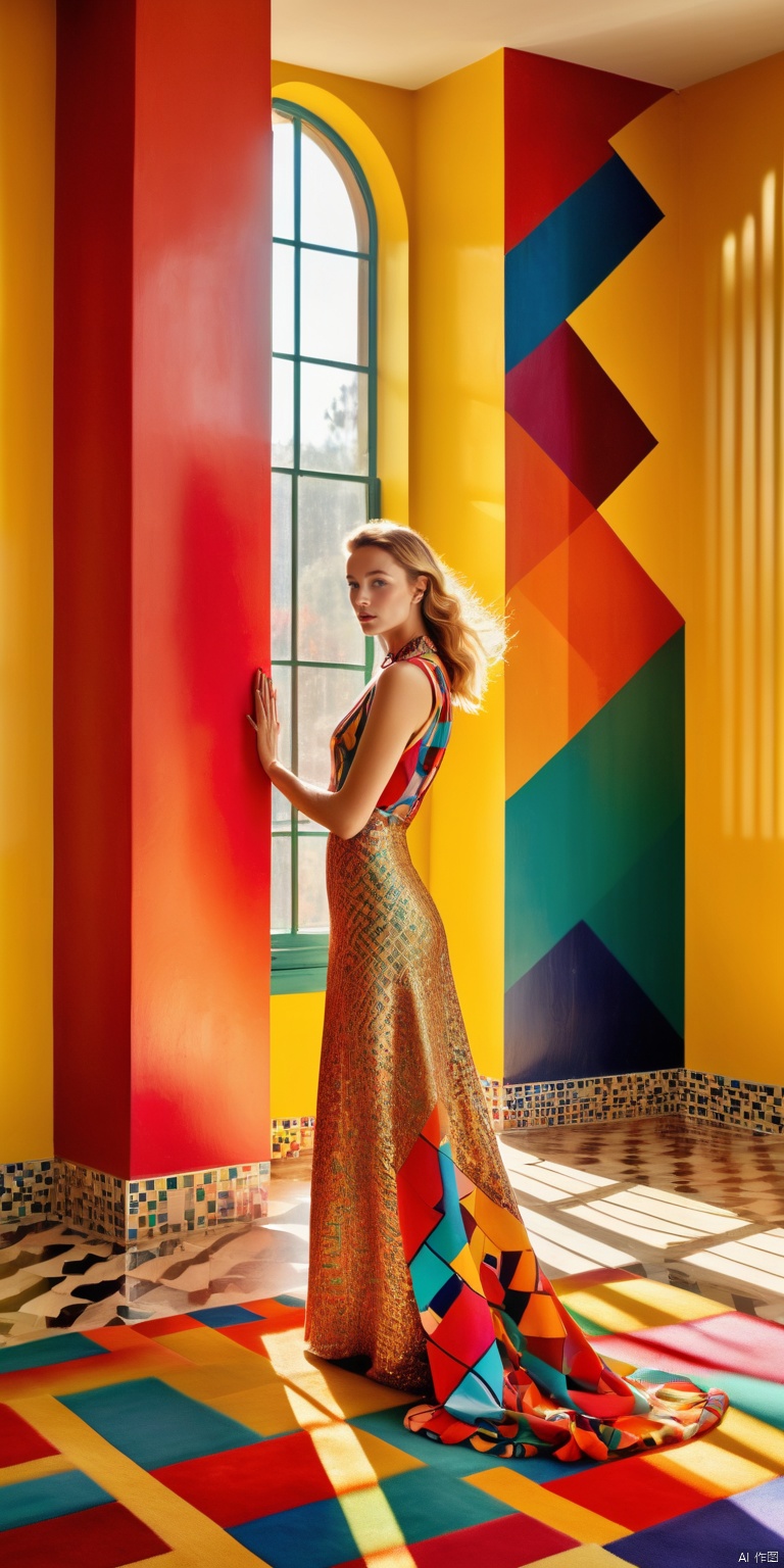 1girl, dofas,A young girl stood indoors, dressed in bright and colorful clothes, holding a bouquet of bright flowers, all over her body. The walls are decorated with abstract geometric patterns, and the floor is covered with colorful carpets. The sunlight shines in through the window, bringing warmth and vitality to the entire room. High resolution images, popular on Pinterest, vibrant colors, bold patterns, mid century modern style, Memphis design, influence of popular art, cheerful atmosphere, soft colors, close-up shots, professional photography, red and gold clothes, bailing_model,1girl
