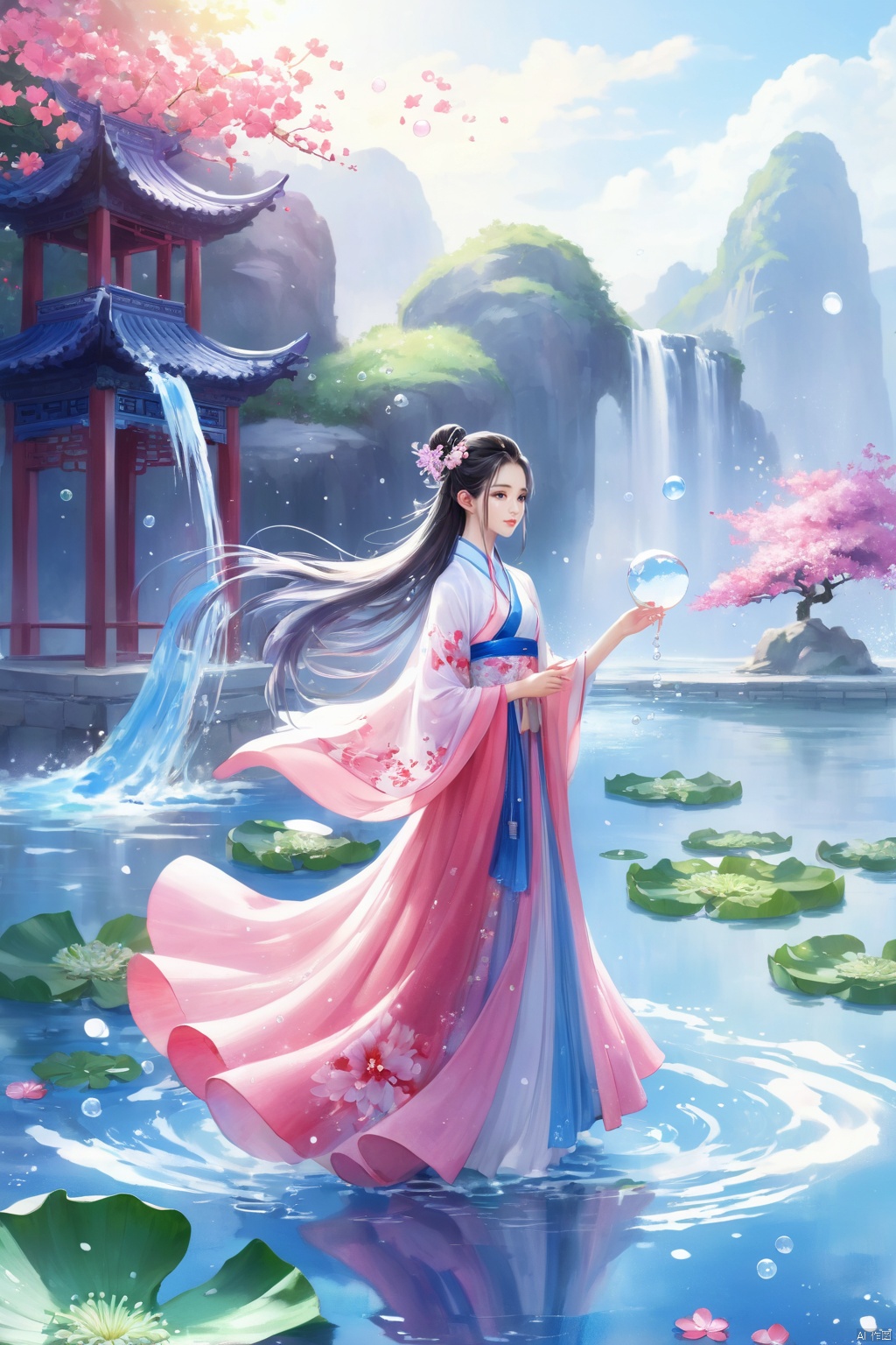 1 Girl, Laurie, petite, long hair, floating hair, messy hair, white hair, bow knot, braid, blue eyes, bright dress, floating, looking at the audience, feet soaking, goddess, water lily, lotus, ocean, partially submerged, bubbles, beach, berries, blue flowers, bouquet, foam, camellia, caustics, clover, coral, daisy, flower background, flowers, food, fruit, hibiscus, horizon, hydrangea, Water, leaves, lilies, lilies of the valley, petals on liquid, pink flowers, purple flowers, rain, red flowers, ripples, roses, shallow water, snowflakes, waves, white roses, yellow flowers, ((poakl)), Light master, glint sparkle, gonggongshi, traditional chinese ink painting, flower,flower, tyqp, shui, 1girl,short skirt,, see-through, Happy Water Park,huaxianzi, guofengZ, chineseclothes,dress, yue , hair ornament , hanfu, bailing_model