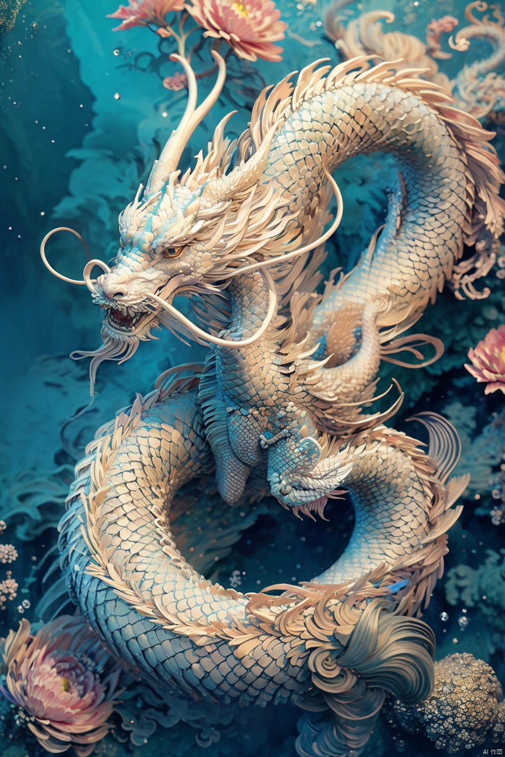 A girl with long hair, full body, front, elegant, sexy, cool and gorgeous, a white dragon hovering over her, colorful, crystal, peony, fashionable, depth of field, semi transparent, (masterpiece, top quality, best quality, official art, beauty and aesthetics: 1.2)