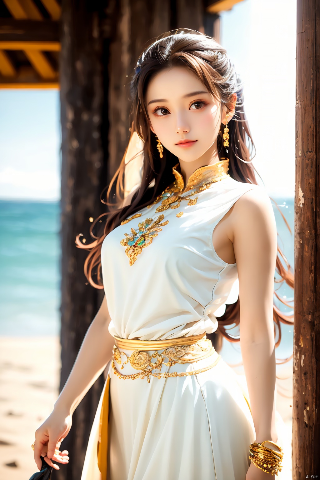 1 girl, (bright eyes, skin kissed by sunlight, carefree expression), fashion, (upper body wrapped in white, lower body colored long skirt), playful posture, smile, plump body, slender legs, young girl's body proportion, beach background, lighthouse, soft sea breeze, dynamic composition, prime time lighting, blurred background, rich colors, fine details, surrealism, 50mm lens, relaxed atmosphere. Portrait photography, 35mm film, naturally blurry, ((poakl)), , dunhuang