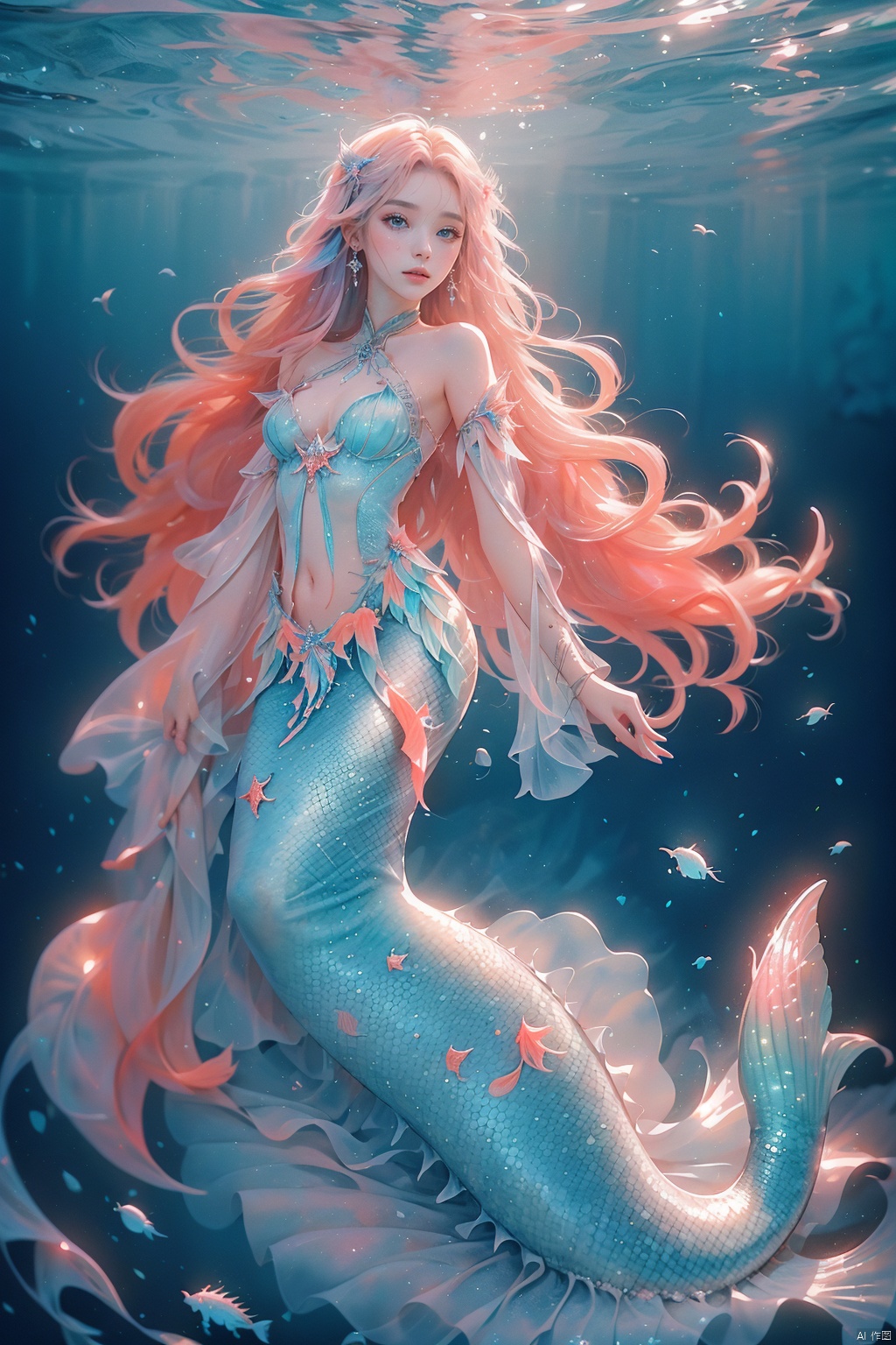  best quality,highly detailed,masterpiece,ultra-detailed,illustration,solo,an extremely delicate and beautiful,8k_wallpaper,extremely detailed,an extremely delicate and beautiful girl,world masterpiece theater,dynamic angle,focus_on_face,full body,1girl,multiple_girls

Enchanting mermaid with iridescent scales and flowing seafoam hair, swimming gracefully in a crystal-clear ocean, surrounded by colorful coral reefs and mystical underwater creatures, creating a sense of wonder and mystery, captured in a dreamy and ethereal watercolor painting., cute girl, 