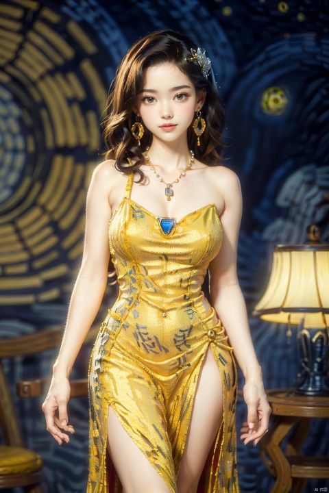 (Global lighting, realism, ray tracing, HDR, rendering, reasonable design, high detail, masterpiece, best quality, ultra-high definition, movie lighting) 1 girl, looking at the audience, long dress, patterns (Van Gogh's starry sky), accessories (necklaces, earrings, crystals), (gemstones), playful posture, smile, plump body, slender legs, young girl's body proportion, relaxed atmosphere, depth of field, Chinese architecture, interior, (High quality), Best quality, (Masterpiece), Blurred background, Rich colors, Fine details, Realism, 50mm lens, Portrait photography, 35mm film, Natural blur, , ((poakl)), , vg