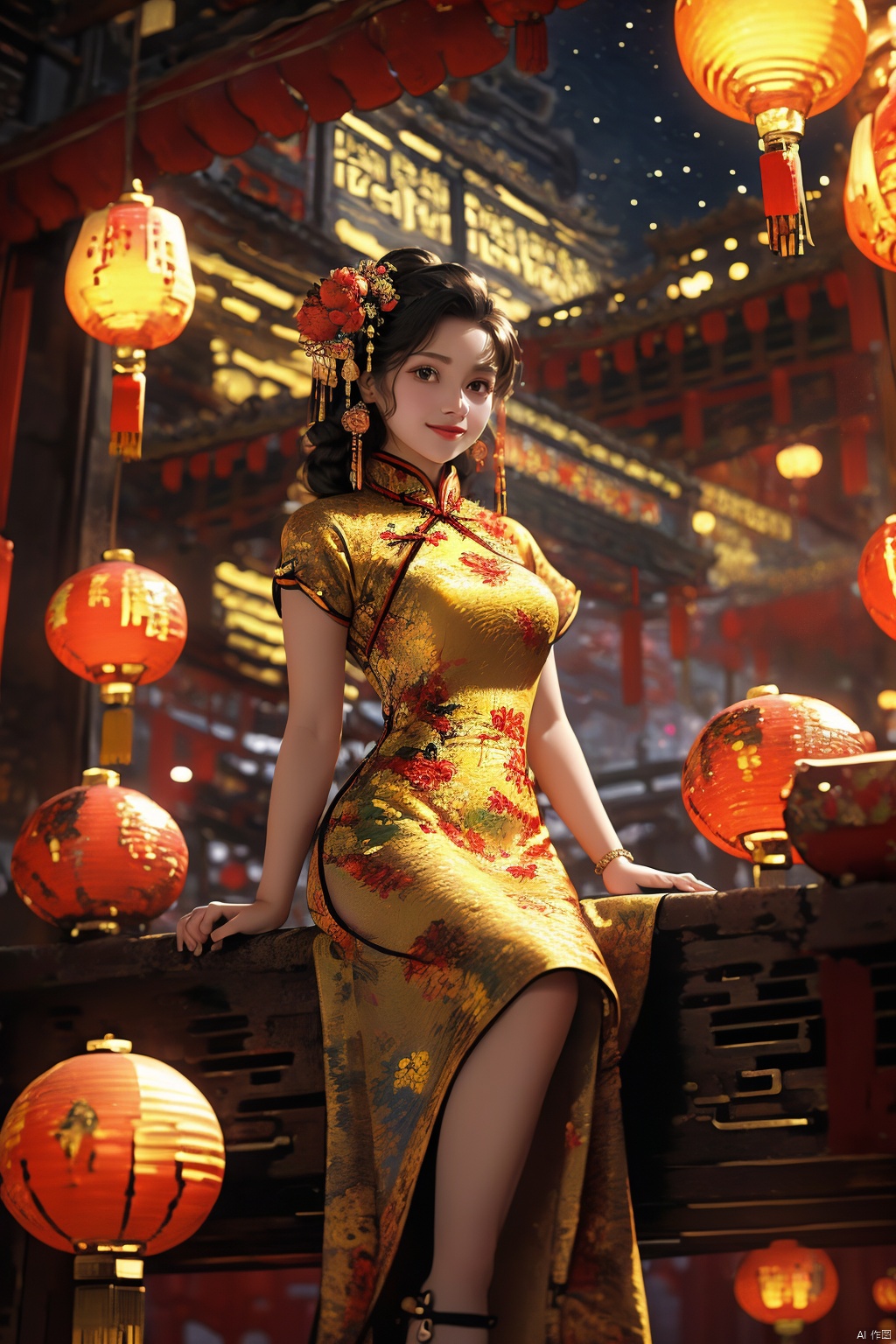  ((poakl)), chinese,(Global lighting, realism, ray tracing, HDR, rendering, reasonable design, high detail, masterpiece, best quality, ultra-high definition, movie lighting), 1 girl, looking at the audience, Chinese long dress (qipao), qipao pattern (Van Gogh's starry sky), headwear, necklace, earrings, crystals, jewelry, playful posture, smile, plump body, slender legs, young girl's body proportion, depth of field, blurred background, Chinese architectural interior (local), Chinese style, (high quality), best quality, (masterpiece), blurry background, rich colors, fine details, surrealism, 50mm lens, relaxed atmosphere. Portrait photography, 35mm film, naturally blurry, , chinese