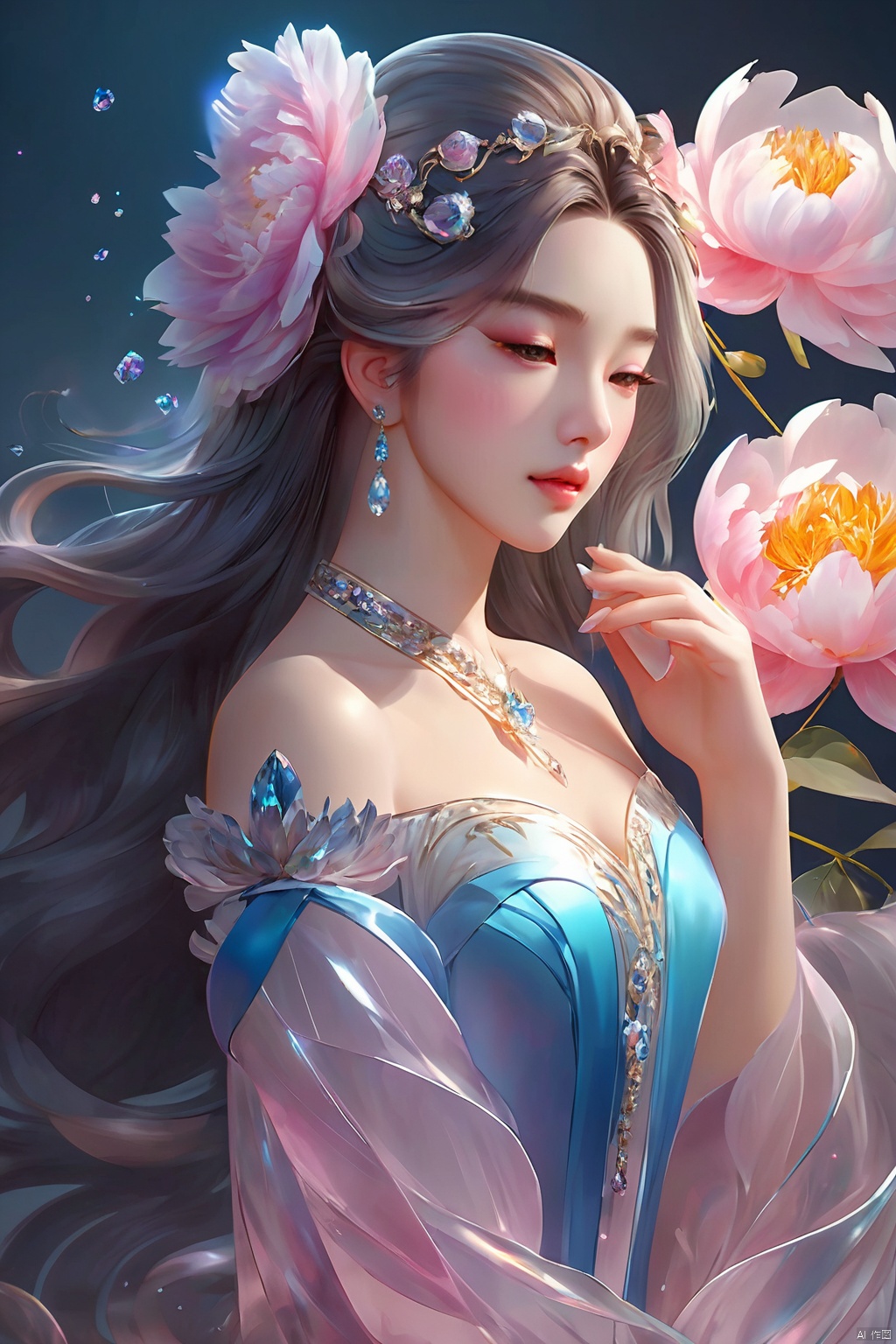 A girl with long hair, full body, front, elegant, colorful, crystal, peony, fashionable, depth of field, semi transparent, (masterpiece, top quality, best quality, official art, beauty and aesthetics: 1.2)