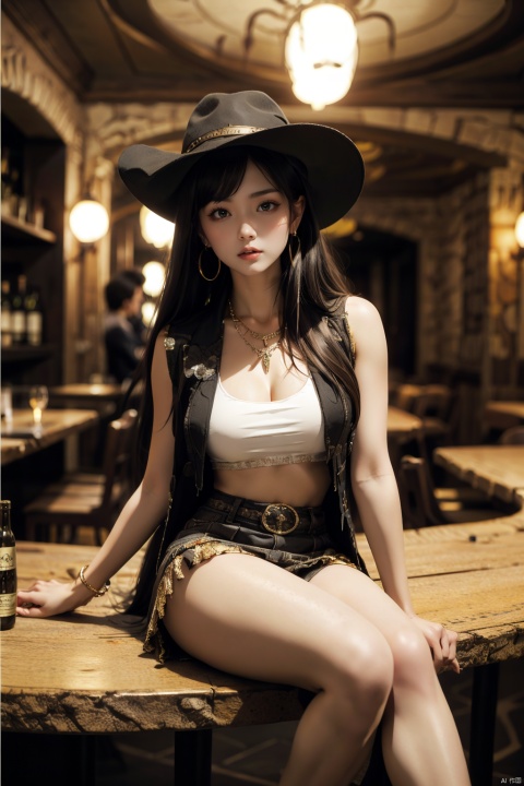 1 girl, long hair, floating, looking at the audience, black hair, sitting, skirt, headwear, necklace, earrings, crystal, jewelry, depth of field, blurred background, a chair, a bottle, a table, realistic, bar interior (place), neon lights, (high quality), best quality, (masterpiece), blurred background, rich colors, fine details, surreal, 50mm lens, relaxed atmosphere. Portrait photography, 35mm film, naturally blurry, ((poakl)), bar, , cowgirl outfit