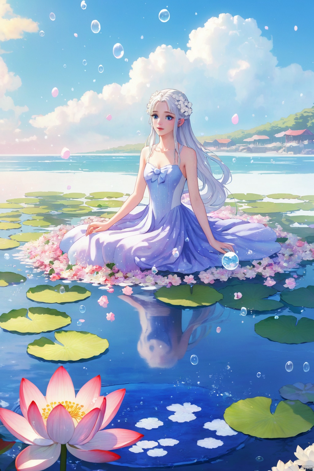 1 Girl, Laurie, petite, long hair, floating hair, messy hair, white hair, bow knot, braid, blue eyes, bright dress, floating, looking at the audience, feet soaking, goddess, water lily, lotus, ocean, partially submerged, bubbles, beach, berries, blue flowers, bouquet, foam, camellia, caustics, clover, coral, daisy, flower background, flowers, food, fruit, hibiscus, horizon, hydrangea, Water, leaves, lilies, lilies of the valley, petals on liquid, pink flowers, purple flowers, rain, red flowers, ripples, roses, shallow water, snowflakes, waves, white roses, yellow flowers, bailing_model, ((poakl)),1girl