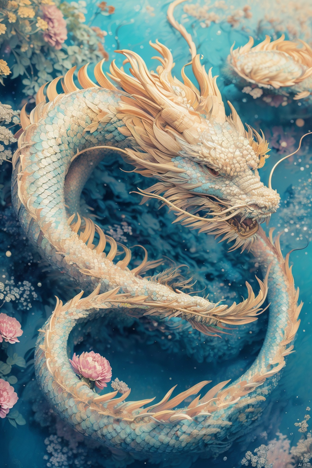 A girl with long hair, front, elegant, sexy, cool and gorgeous, a white dragon hovering over her, colorful, crystal, peony, fashionable, depth of field, semi transparent, (masterpiece, top quality, best quality, official art, beauty and aesthetics: 1.2)