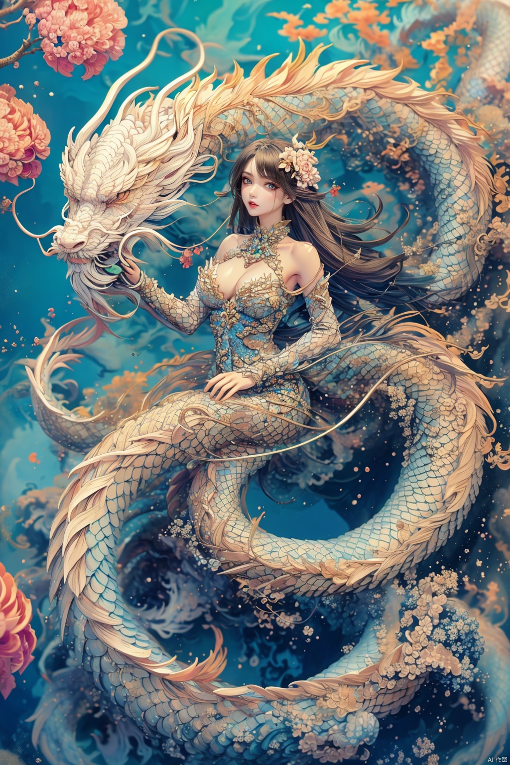 A girl with long hair, front, elegant, sexy, cool and gorgeous, a white dragon hovering over her, colorful, crystal, peony, fashionable, depth of field, semi transparent, (masterpiece, top quality, best quality, official art, beauty and aesthetics: 1.2)
