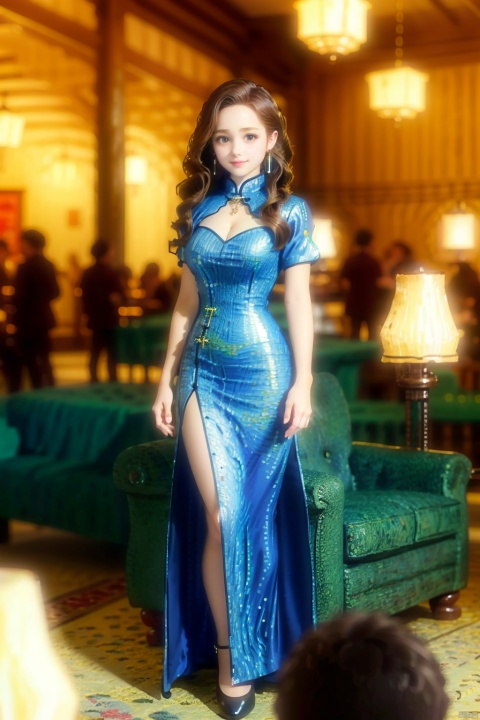(Global lighting, realism, ray tracing, HDR, rendering, reasonable design, high detail, masterpiece, best quality, ultra-high definition, movie lighting), 1 girl, looking at the audience, Chinese long dress (qipao), qipao pattern (Van Gogh's starry sky), accessories, necklaces, earrings, crystals, jewelry, playful posture, smile, full body, slender legs, young girl's body proportion, depth of field, blurred background, Chinese architectural interior, Chinese style, (high quality), best quality, (masterpiece), blurry background, rich colors, fine details, surrealism, 50mm lens, relaxed atmosphere. Portrait photography, 35mm film, naturally blurry, ((poakl)),  