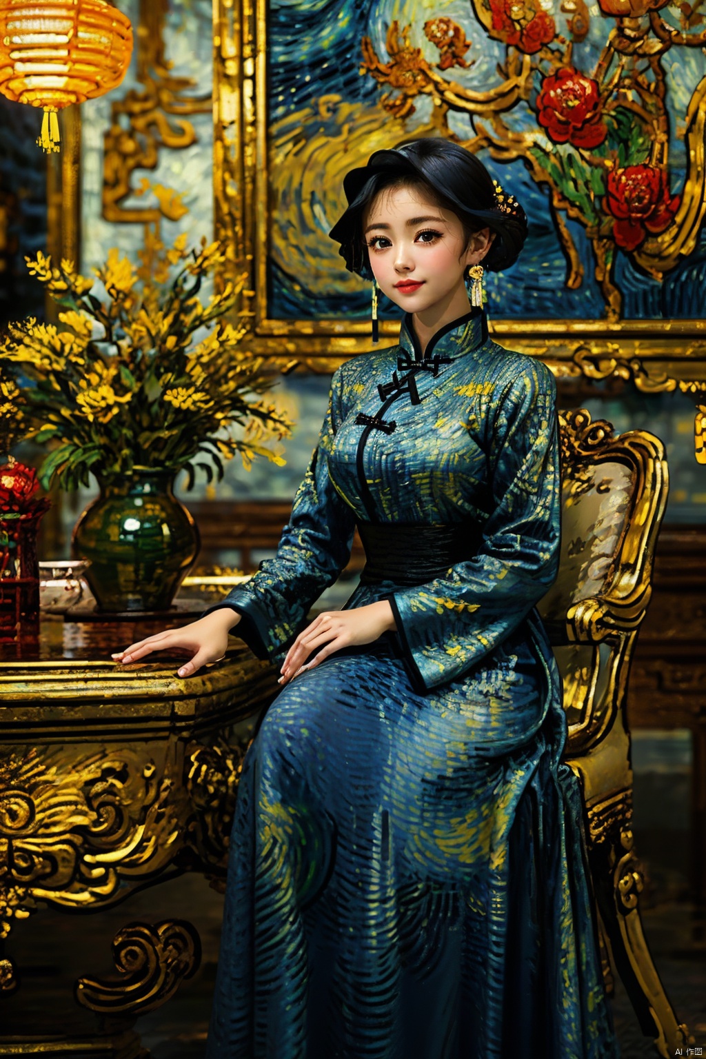 (Global lighting, realism, ray tracing, HDR, rendering, reasonable design, high detail, masterpiece, best quality, ultra-high definition, movie lighting), 1 girl, looking at the audience, Chinese long dress (qipao), qipao pattern (Van Gogh's starry sky), accessories, necklaces, earrings, crystals, jewelry, playful posture, smile, full body, slender legs, young girl's body proportion, depth of field, blurred background, Chinese architectural interior, Chinese style, (high quality), best quality, (masterpiece), blurry background, rich colors, fine details, surrealism, 50mm lens, relaxed atmosphere. Portrait photography, 35mm film, naturally blurry, ((poakl)),  