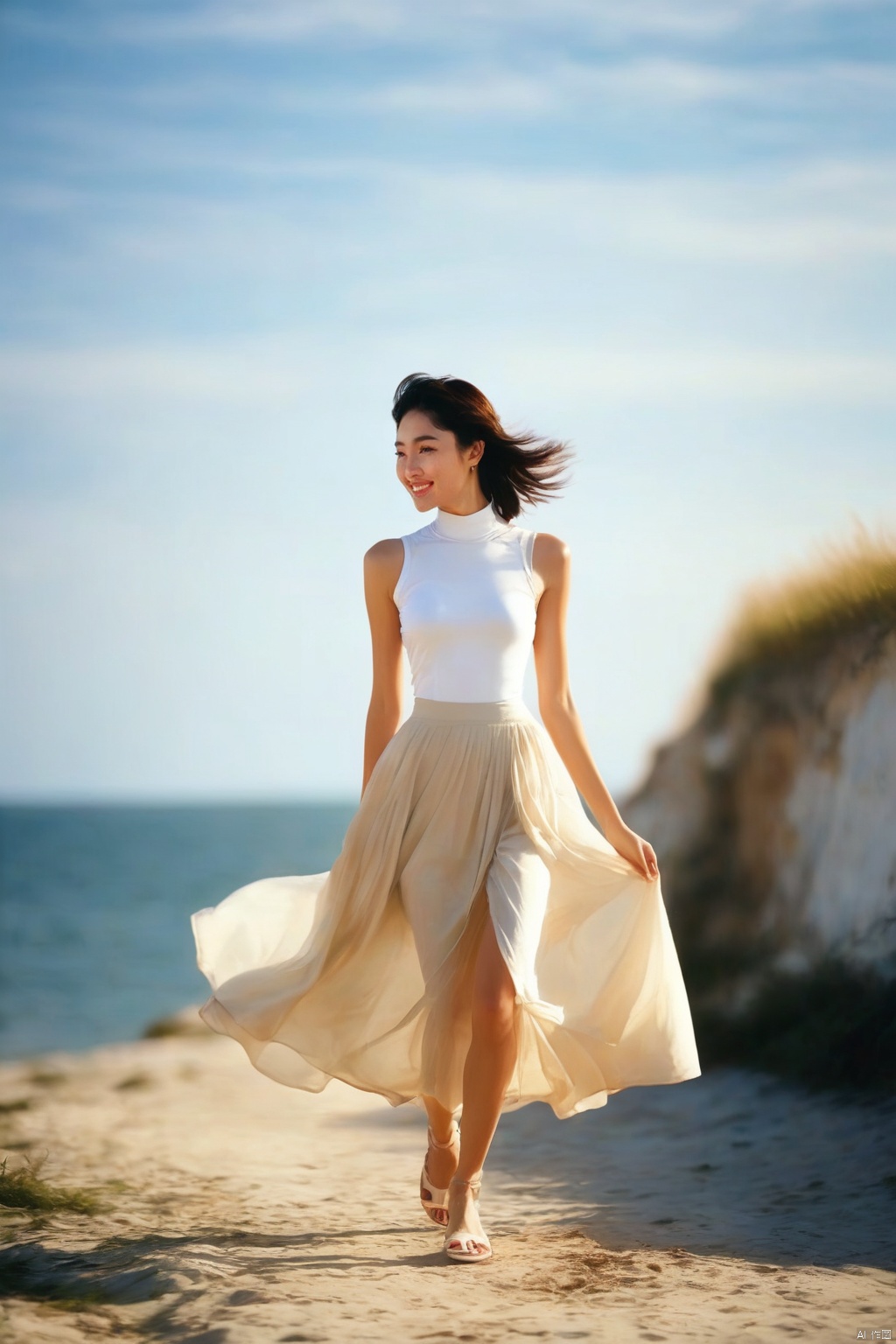 1 girl, (bright eyes, skin kissed by sunlight, carefree expression), fashion, (upper body wrapped in white, lower body colored long skirt), playful posture, smile, plump body, slender legs, young girl's body proportion, beach background, lighthouse, soft sea breeze, dynamic composition, prime time lighting, blurred background, rich colors, fine details, surrealism, 50mm lens, relaxed atmosphere. Portrait photography, 35mm film, naturally blurry, , g010, ((poakl)), qipao, bailing_model