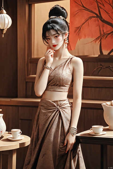 1 Girl, looking at the audience, short hair, bangs, black hair, hair accessories, black sleeveless skirt, bare shoulders, jewelry, flowers, earrings, nail polish, bracelets, makeup, cups, standing against a chair, printed background, table, red nails, tea cups, lanterns, red lips, lights, teapots, vases, lifelike, high-definition picture quality, soft light., tyqp, underwear, 1girl,yuzu, hand101