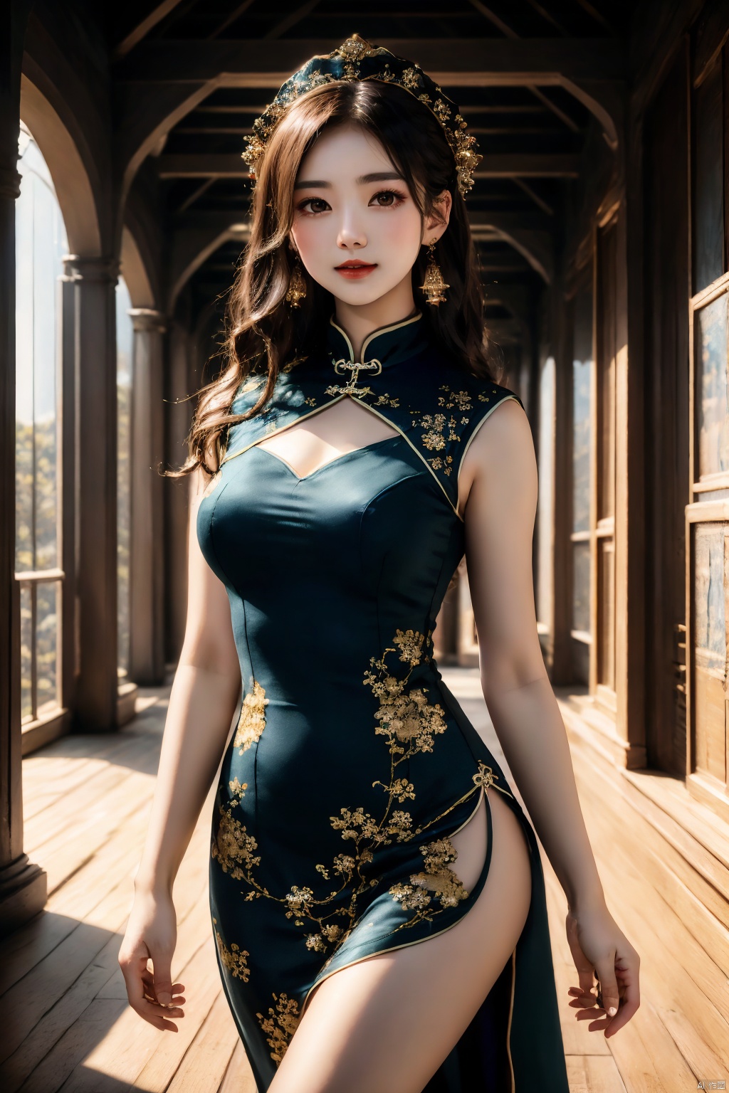  ((poakl)), chinese,(Global lighting, realism, ray tracing, HDR, rendering, reasonable design, high detail, masterpiece, best quality, ultra-high definition, movie lighting), 1 girl, looking at the audience, Chinese long dress (qipao), qipao pattern (Van Gogh's starry sky), headwear, necklace, earrings, crystals, jewelry, playful posture, smile, plump body, slender legs, young girl's body proportion, depth of field, blurred background, Chinese architectural interior (local), Chinese style, (high quality), best quality, (masterpiece), blurry background, rich colors, fine details, surrealism, 50mm lens, relaxed atmosphere. Portrait photography, 35mm film, naturally blurry, , universe sky theme, guofengZ1