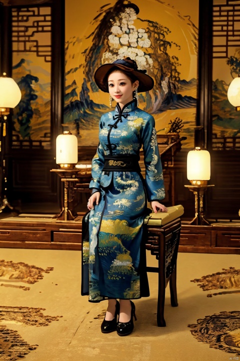  ((poakl)), chinese,(Global lighting, realism, ray tracing, HDR, rendering, reasonable design, high detail, masterpiece, best quality, ultra-high definition, movie lighting), 1 girl, looking at the audience, Chinese long dress (qipao), qipao pattern (Van Gogh's starry sky), headwear, necklace, earrings, crystals, jewelry, playful posture, smile, plump body, slender legs, young girl's body proportion, depth of field, blurred background, Chinese architectural interior (local), Chinese style, (high quality), best quality, (masterpiece), blurry background, rich colors, fine details, surrealism, 50mm lens, relaxed atmosphere. Portrait photography, 35mm film, naturally blurry, , , Ancient China_Indoor scenes