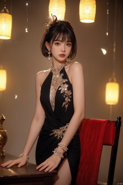 1 Girl, looking at the audience, short hair, bangs, black hair, hair accessories, black sleeveless skirt, bare shoulders, jewelry, flowers, earrings, nail polish, bracelets, makeup, cups, standing against a chair, printed background, table, red nails, tea cups, lanterns, red lips, lights, teapots, vases, lifelike, high-definition picture quality, soft light., 1girl, chang,yuzu
