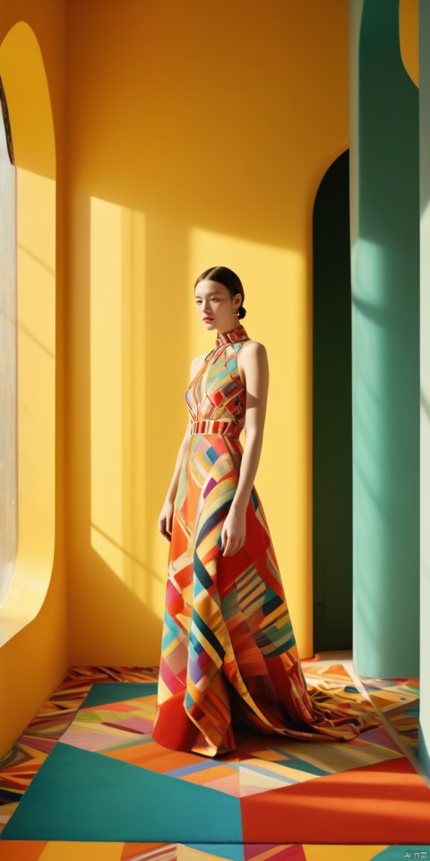  1girl, dofas,A young girl stood indoors, dressed in bright and colorful clothes, holding a bouquet of bright flowers, all over her body. The walls are decorated with abstract geometric patterns, and the floor is covered with colorful carpets. The sunlight shines in through the window, bringing warmth and vitality to the entire room. High resolution images, popular on Pinterest, vibrant colors, bold patterns, mid century modern style, Memphis design, influence of popular art, cheerful atmosphere, soft colors, close-up shots, professional photography, red and gold clothes, bailing_model