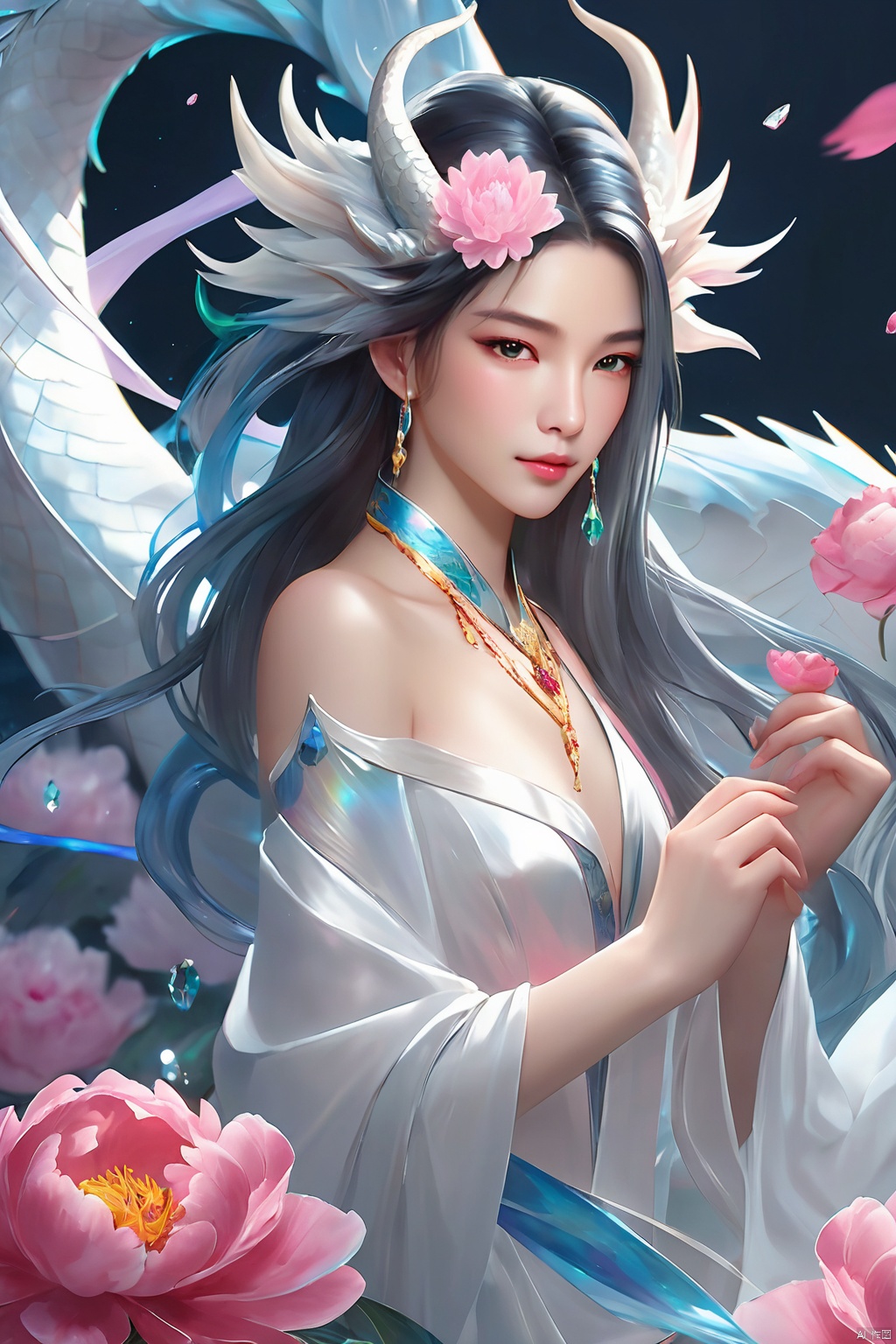 A girl with long hair, front, elegant, sexy, cool and gorgeous, a white dragon hovering over her, colorful, crystal, peony, fashionable, depth of field, semi transparent, (masterpiece, top quality, best quality, official art, beauty and aesthetics: 1.2)