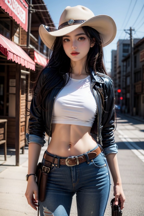 A girl, Western cowboy, belt, cowboy hat, jacket, jeans, long hair, outdoor, desert, American Western architecture, sky, solo, tattered clothes, tattered pants, waist pistol, holster, bar (place), neon lights, (high quality), best quality, (4k), 8k, super detailed, (full details), (masterpiece), (realistic), Virtual doll