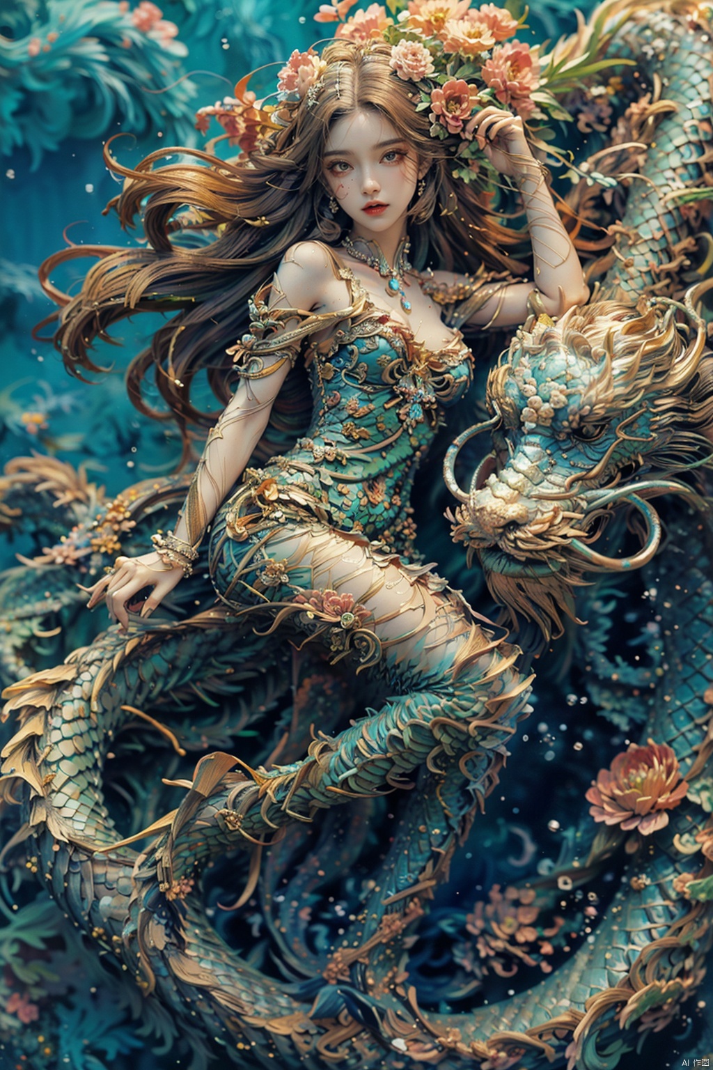 A girl with long hair, full body, front, elegant, colorful, crystal, peony, fashionable, depth of field, semi transparent, (masterpiece, top quality, best quality, official art, beauty and aesthetics: 1.2)