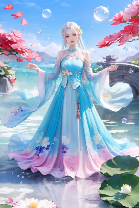 1 Girl, Laurie, petite, long hair, floating hair, messy hair, white hair, bow knot, braid, blue eyes, bright dress, floating, looking at the audience, feet soaking, goddess, water lily, lotus, ocean, partially submerged, bubbles, beach, berries, blue flowers, bouquet, foam, camellia, caustics, clover, coral, daisy, flower background, flowers, food, fruit, hibiscus, horizon, hydrangea, Water, leaves, lilies, lilies of the valley, petals on liquid, pink flowers, purple flowers, rain, red flowers, ripples, roses, shallow water, snowflakes, waves, white roses, yellow flowers, ((poakl)), Light master, glint sparkle, gonggongshi, traditional chinese ink painting, flower,flower, tyqp, shui, 1girl,short skirt,, see-through, Happy Water Park,huaxianzi, guofengZ, chineseclothes,dress, yue , hair ornament , hanfu, bailing_model,1girl, full body,japanese clothes, arien_hanfu, dancedress, See through, hanfu, xcfs, NVZ