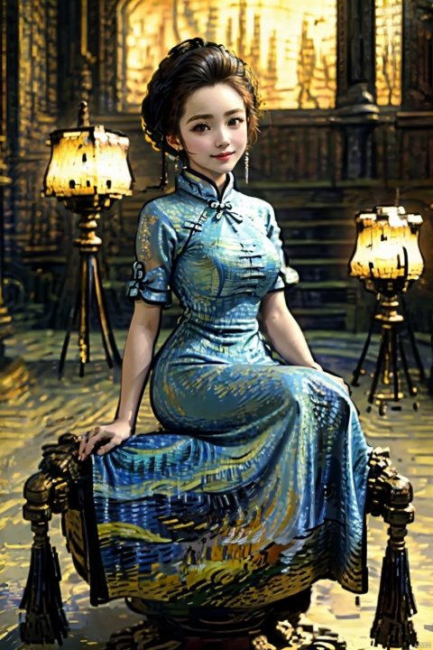 (Global lighting, realism, ray tracing, HDR, rendering, reasonable design, high detail, masterpiece, best quality, ultra-high definition, movie lighting), 1 girl, looking at the audience, Chinese long dress (qipao), qipao pattern (Van Gogh's starry sky), accessories, necklaces, earrings, crystals, jewelry, playful posture, smile, full body, slender legs, young girl's body proportion, depth of field, blurred background, Chinese architectural interior, Chinese style, (high quality), best quality, (masterpiece), blurry background, rich colors, fine details, surrealism, 50mm lens, relaxed atmosphere. Portrait photography, 35mm film, naturally blurry, ((poakl)), 