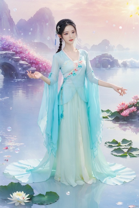 1 Girl, Laurie, petite, long hair, floating hair, messy hair, white hair, bow knot, braid, blue eyes, bright dress, floating, looking at the audience, feet soaking, goddess, water lily, lotus, ocean, partially submerged, bubbles, beach, berries, blue flowers, bouquet, foam, camellia, caustics, clover, coral, daisy, flower background, flowers, food, fruit, hibiscus, horizon, hydrangea, Water, leaves, lilies, lilies of the valley, petals on liquid, pink flowers, purple flowers, rain, red flowers, ripples, roses, shallow water, snowflakes, waves, white roses, yellow flowers, ((poakl)), Light master, glint sparkle, gonggongshi, traditional chinese ink painting, flower,flower, tyqp, shui, 1girl,short skirt,, see-through, Happy Water Park,huaxianzi, guofengZ, chineseclothes,dress, yue , hair ornament , hanfu, bailing_model,1girl, full body,japanese clothes, arien_hanfu, dancedress