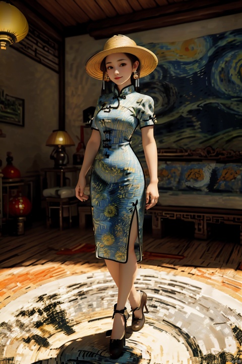  ((poakl)), chinese,(Global lighting, realism, ray tracing, HDR, rendering, reasonable design, high detail, masterpiece, best quality, ultra-high definition, movie lighting), 1 girl, looking at the audience, Chinese long dress (qipao), qipao pattern (Van Gogh's starry sky), headwear, necklace, earrings, crystals, jewelry, playful posture, smile, plump body, slender legs, young girl's body proportion, depth of field, blurred background, Chinese architectural interior (local), Chinese style, (high quality), best quality, (masterpiece), blurry background, rich colors, fine details, surrealism, 50mm lens, relaxed atmosphere. Portrait photography, 35mm film, naturally blurry, 