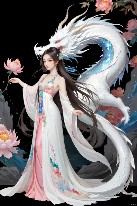 A girl with long hair, full body, front, elegant, sexy, cool and gorgeous, a white dragon hovering over her, colorful, crystal, peony, fashionable, depth of field, semi transparent, (masterpiece, top quality, best quality, official art, beauty and aesthetics: 1.2)