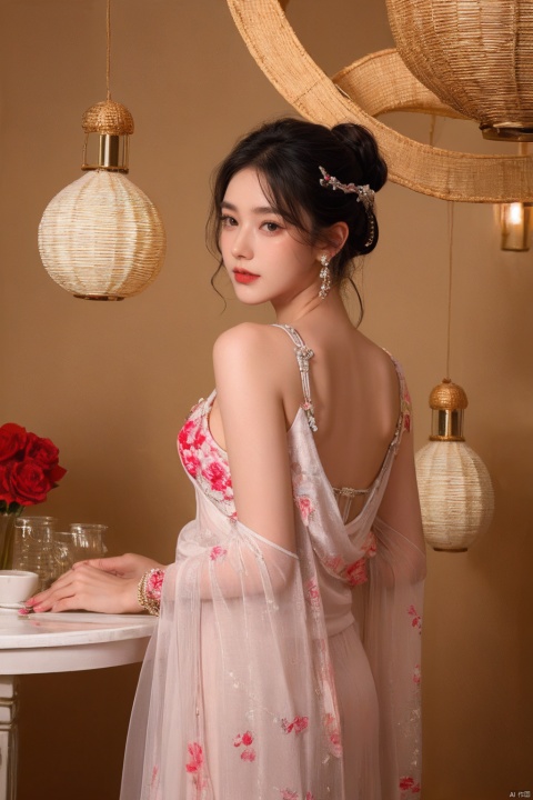 1 Girl, looking at the audience, short hair, bangs, black hair, hair accessories, black sleeveless skirt, bare shoulders, jewelry, flowers, earrings, nail polish, bracelets, makeup, cups, standing against a chair, printed background, table, red nails, tea cups, lanterns, red lips, lights, teapots, vases, lifelike, high-definition picture quality, soft light., 1girl, chang,yuzu, yue , hair ornament , hanfu, chineseclothes,dress, tyqp, jewels, underwear