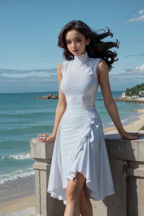 1 girl, (bright eyes, skin kissed by sunlight, carefree expression), fashion, (upper body wrapped in white, lower body colored long skirt), playful posture, smile, plump body, slender legs, young girl's body proportion, beach background, lighthouse, soft sea breeze, dynamic composition, prime time lighting, blurred background, rich colors, fine details, surrealism, 50mm lens, relaxed atmosphere. Portrait photography, 35mm film, naturally blurry, ((poakl)), white dress