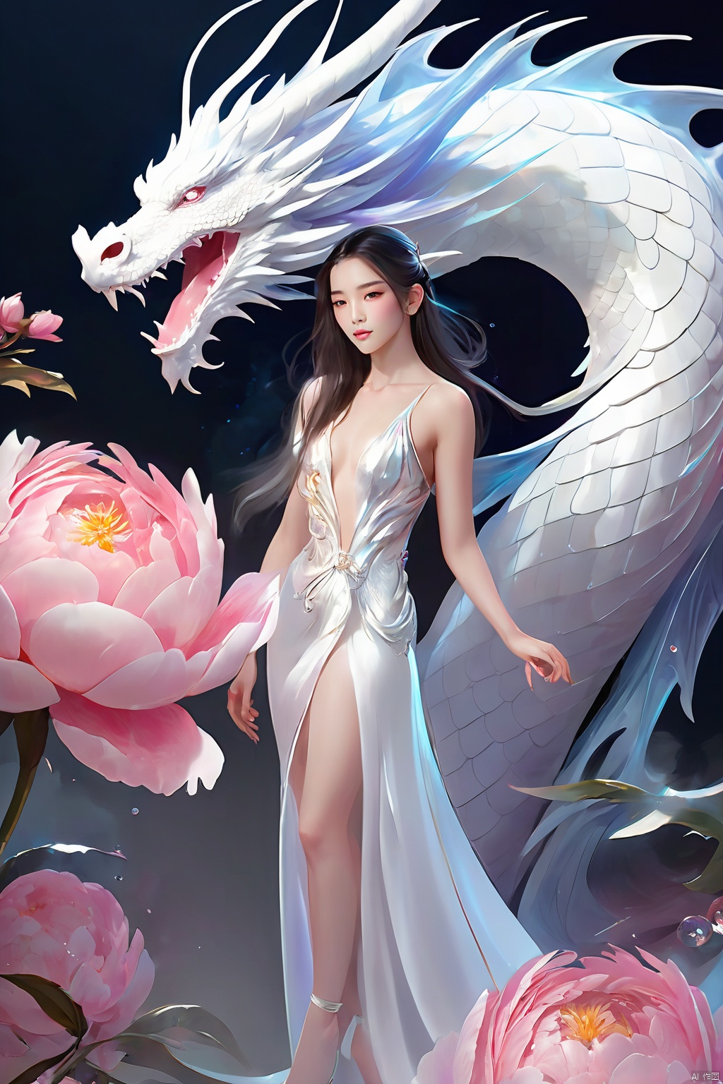 A girl with long hair, full body, front, elegant, sexy, cool and gorgeous, a white dragon hovering over her, colorful, crystal, peony, fashionable, depth of field, semi transparent, (masterpiece, top quality, best quality, official art, beauty and aesthetics: 1.2)