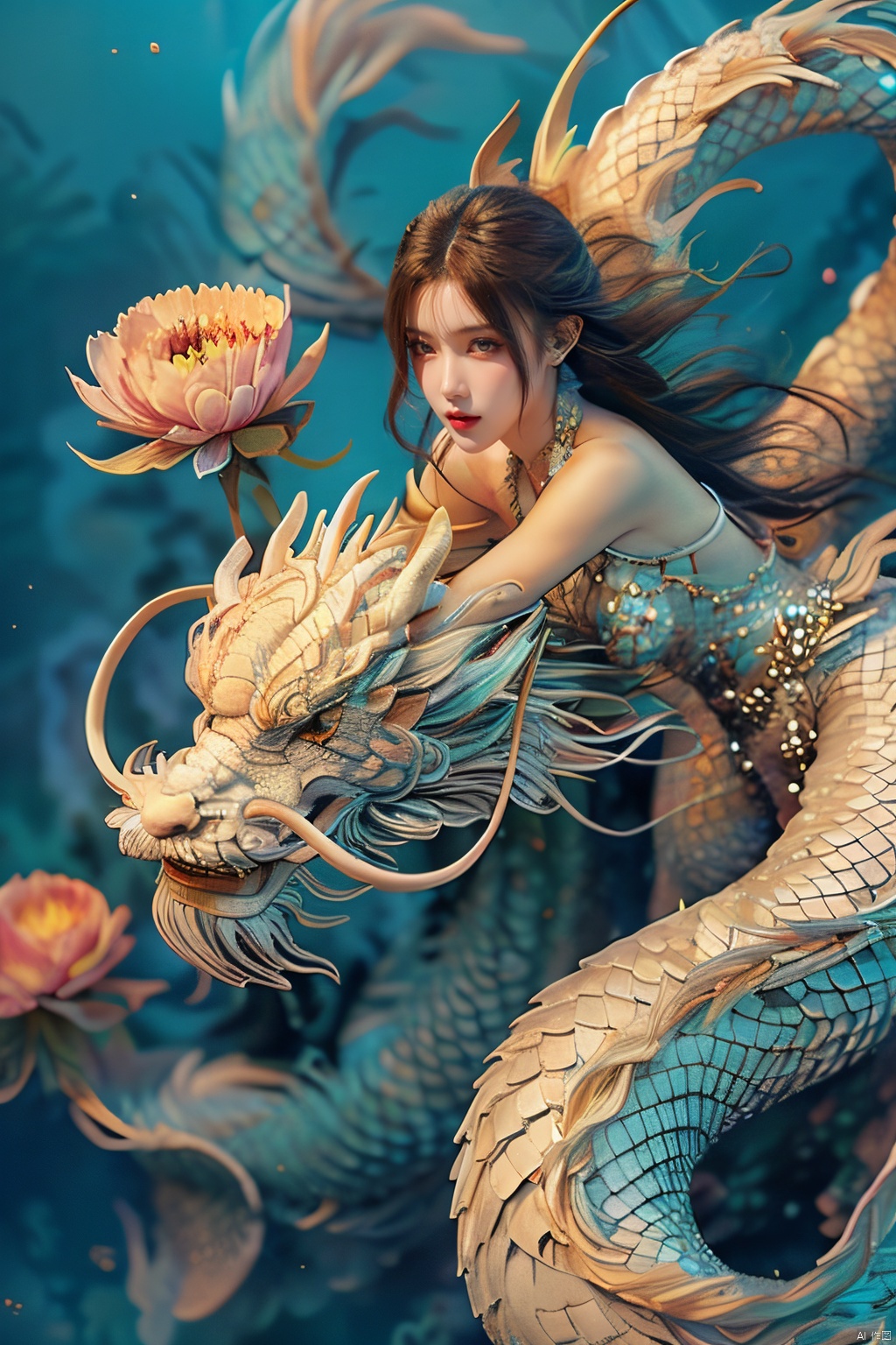 A girl with long hair, front, elegant, sexy, cool and gorgeous, a white dragon hovering over her, colorful, crystal, peony, fashionable, depth of field, semi transparent, (masterpiece, top quality, best quality, official art, beauty and aesthetics: 1.2)